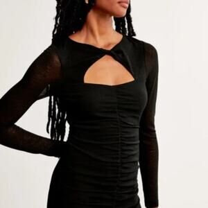 Abercrombie Black Cinched Ruched Cut Out Stretch Long Sleeve Midi Dress Small